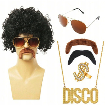 ZESTAW DISCO LAT 70 80 PERUKA WĄSY OKULARY KOSTIUM MĘSKI IMPREZA