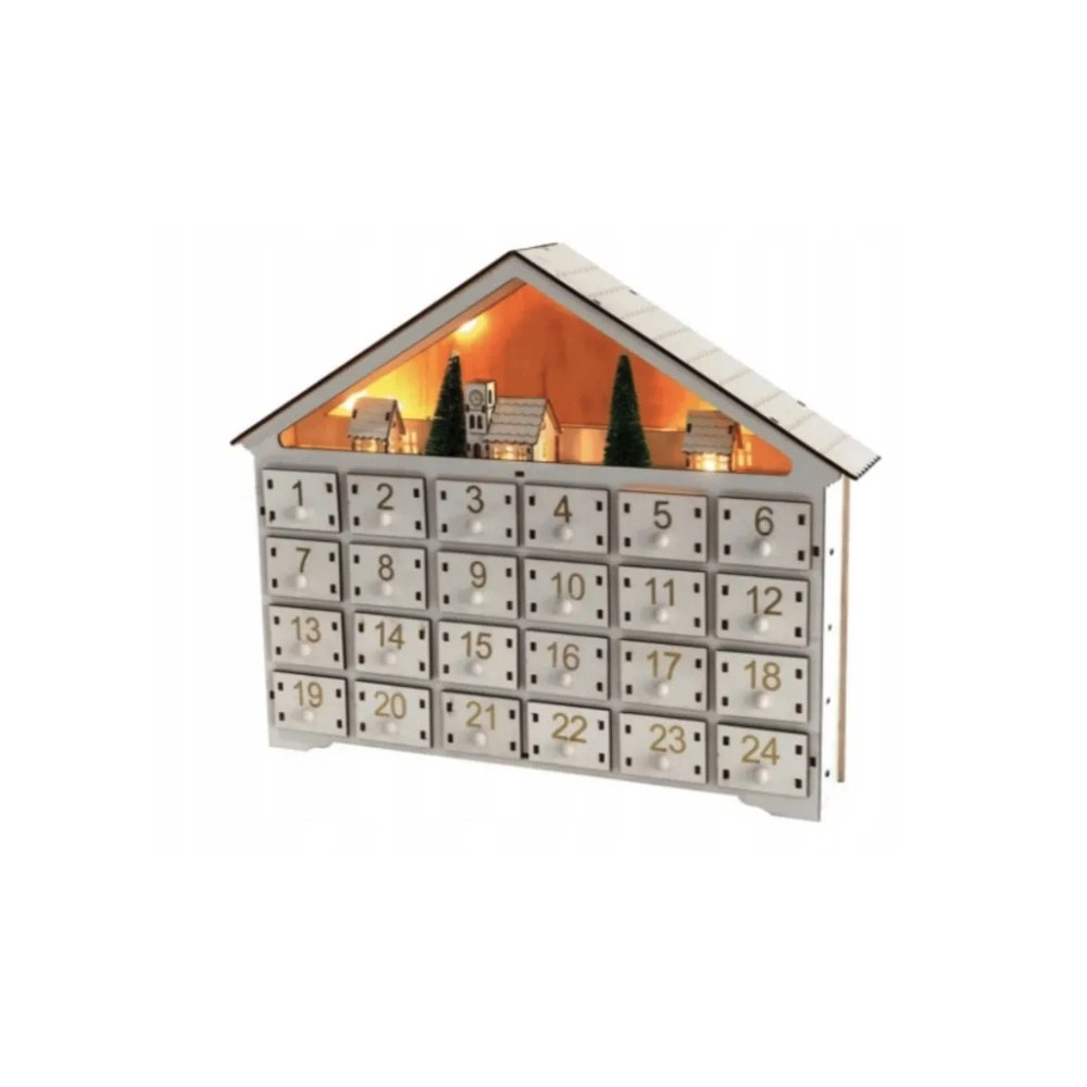 DREWNIANY KALENDARZ ADWENTOWY BIAŁY DOMEK DIY LED
