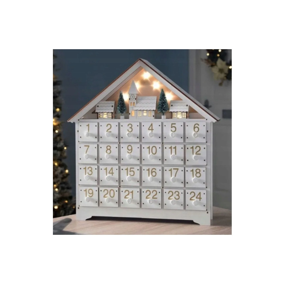DREWNIANY KALENDARZ ADWENTOWY BIAŁY DOMEK DIY LED