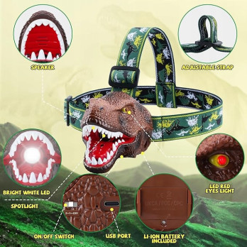 LATARKA DZIECIĘCA DINOZAUR T-REX LED NA GŁOWĘ USB TRYBY DŹWIĘK