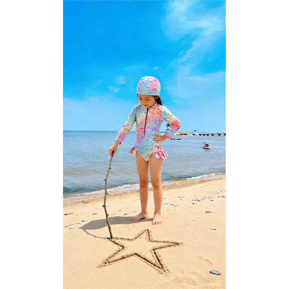 STRÓJ KĄPIELOWY DZIECIĘCY KOLOROWY MOTYW ZWIERZĘCY Z CZEPKIEM 86/92 NA LATO