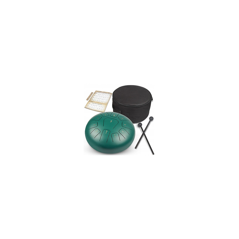 INSTRUMENT ETNICZY PERKUSYJNY ZIELONY HANDPAN 10 CALI 11 TONÓW C-DUR TORBA