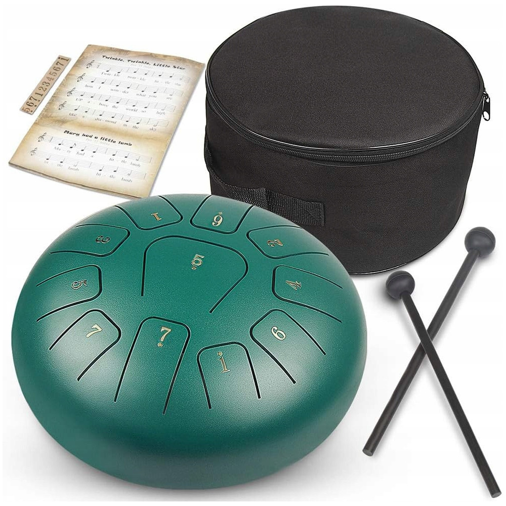 INSTRUMENT ETNICZY PERKUSYJNY ZIELONY HANDPAN 10 CALI 11 TONÓW C-DUR TORBA
