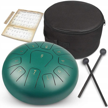 INSTRUMENT ETNICZY PERKUSYJNY ZIELONY HANDPAN 10 CALI 11 TONÓW C-DUR TORBA
