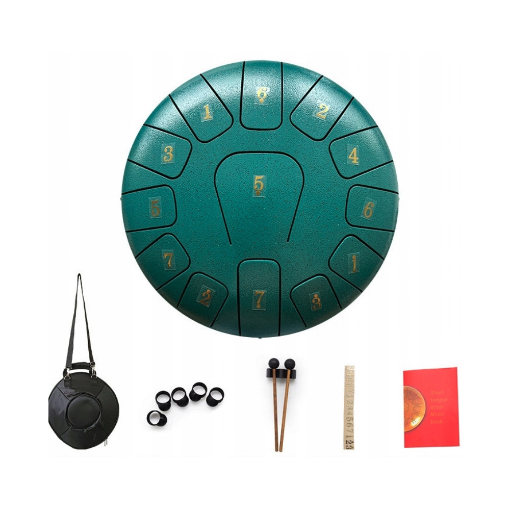 INSTRUMENT ETNICZY PERKUSYJNY ZIELONY HANDPAN 10 CALI 11 TONÓW C-DUR TORBA