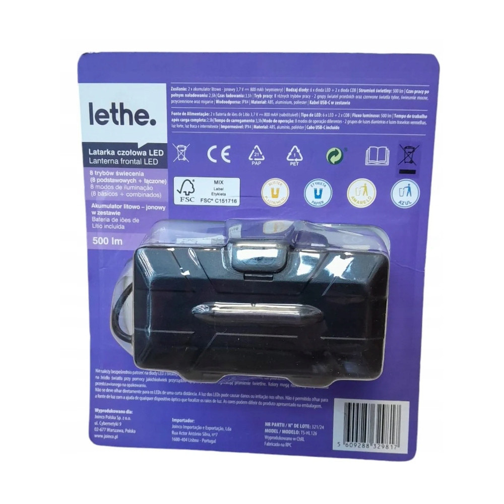 Lethe Works Latarka Czołowa 500Lm 2x akumulator w zestawie na USB