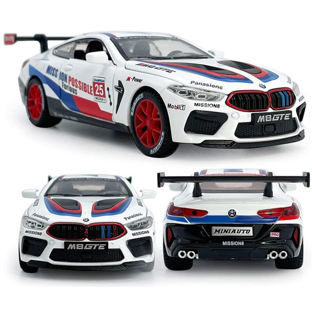 BMW M8 MANHART METALOWY MODEL SAMOCHODU 1:24 DŹWIĘK ŚWIATŁO BIAŁY