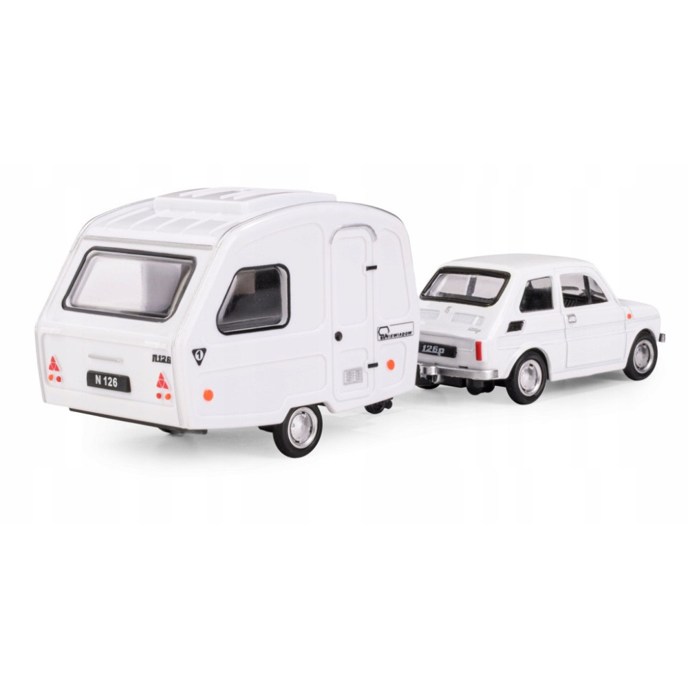 Samochód z przyczepą Daffi N126 Fiat 126P biały skala 1:43 wiek 3+