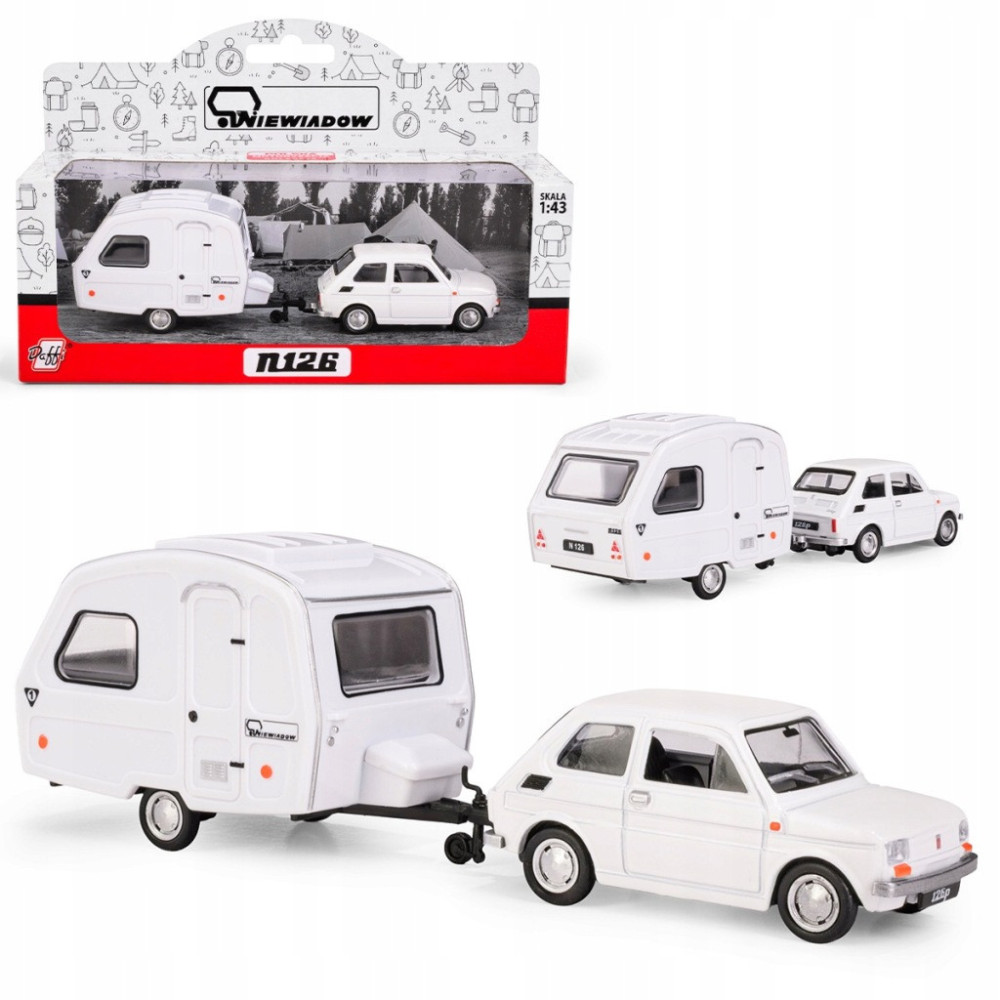 Samochód z przyczepą Daffi N126 Fiat 126P biały skala 1:43 wiek 3+