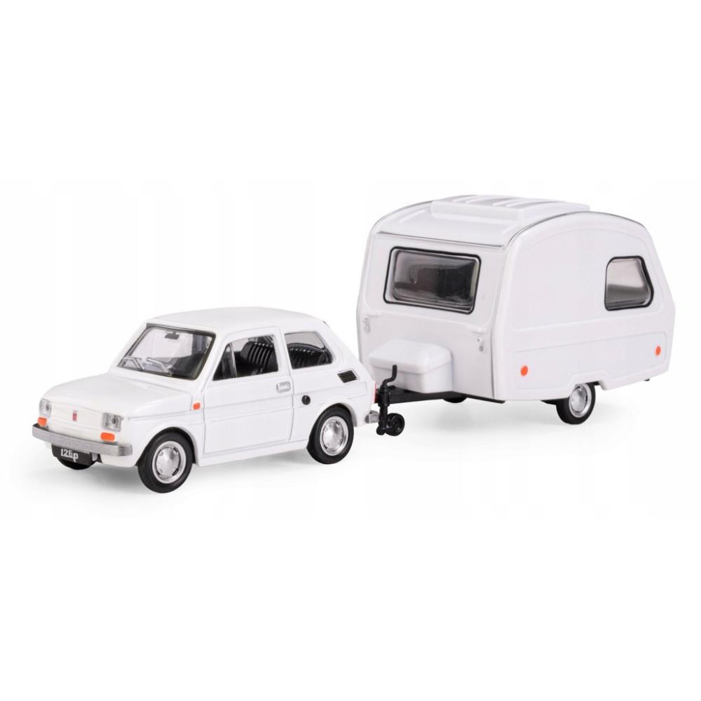 Samochód z przyczepą Daffi N126 Fiat 126P biały skala 1:43 wiek 3+