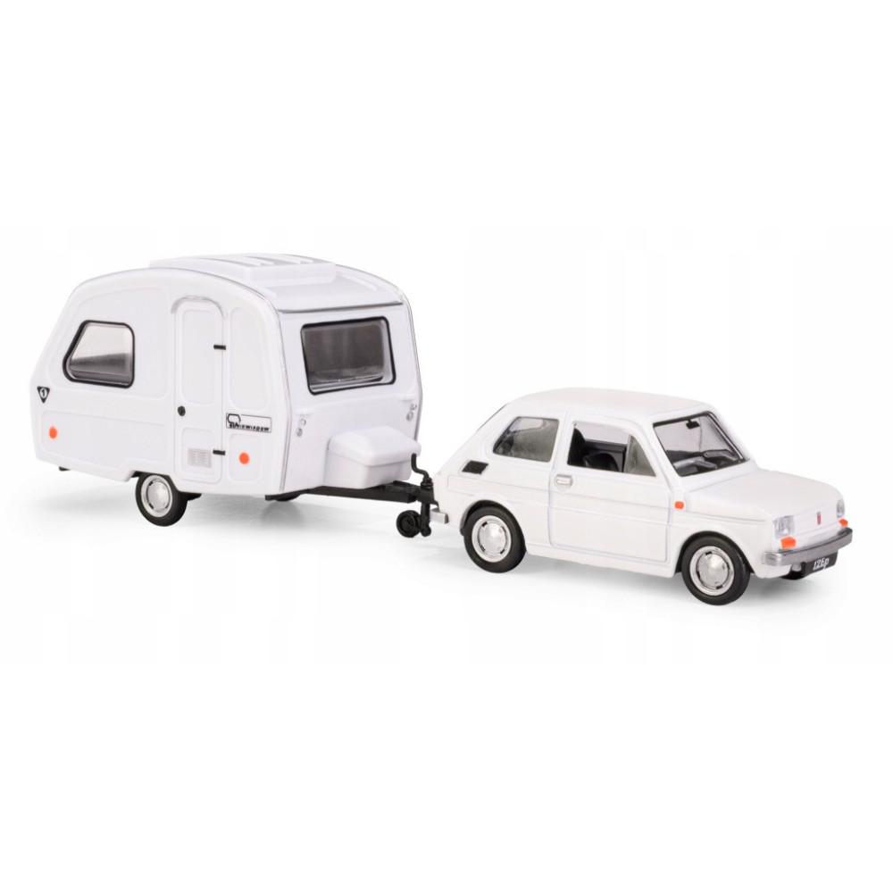 Samochód z przyczepą Daffi N126 Fiat 126P biały skala 1:43 wiek 3+