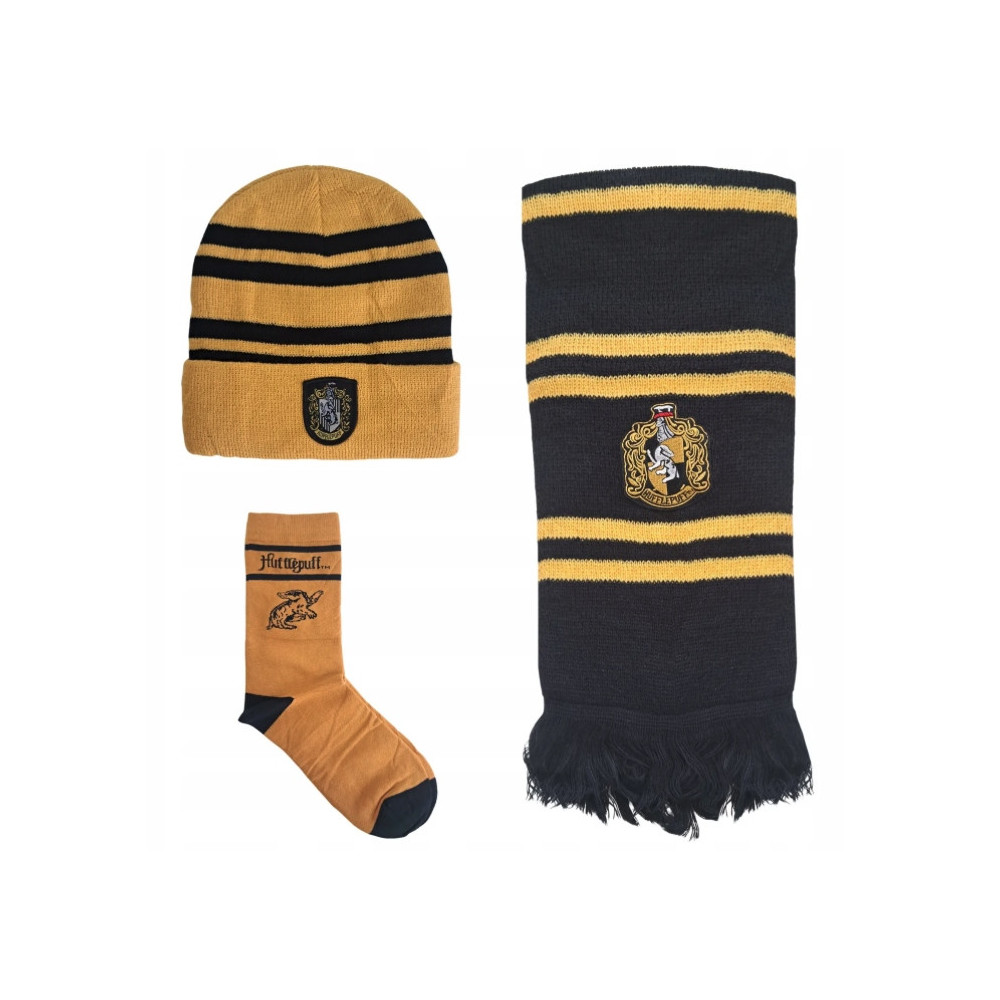 HARRY POTTER KOMPLET 3-CZĘŚCIOWY HUFFLEPUFF CZAPKA SZALIK SKARPETKI HOGWART